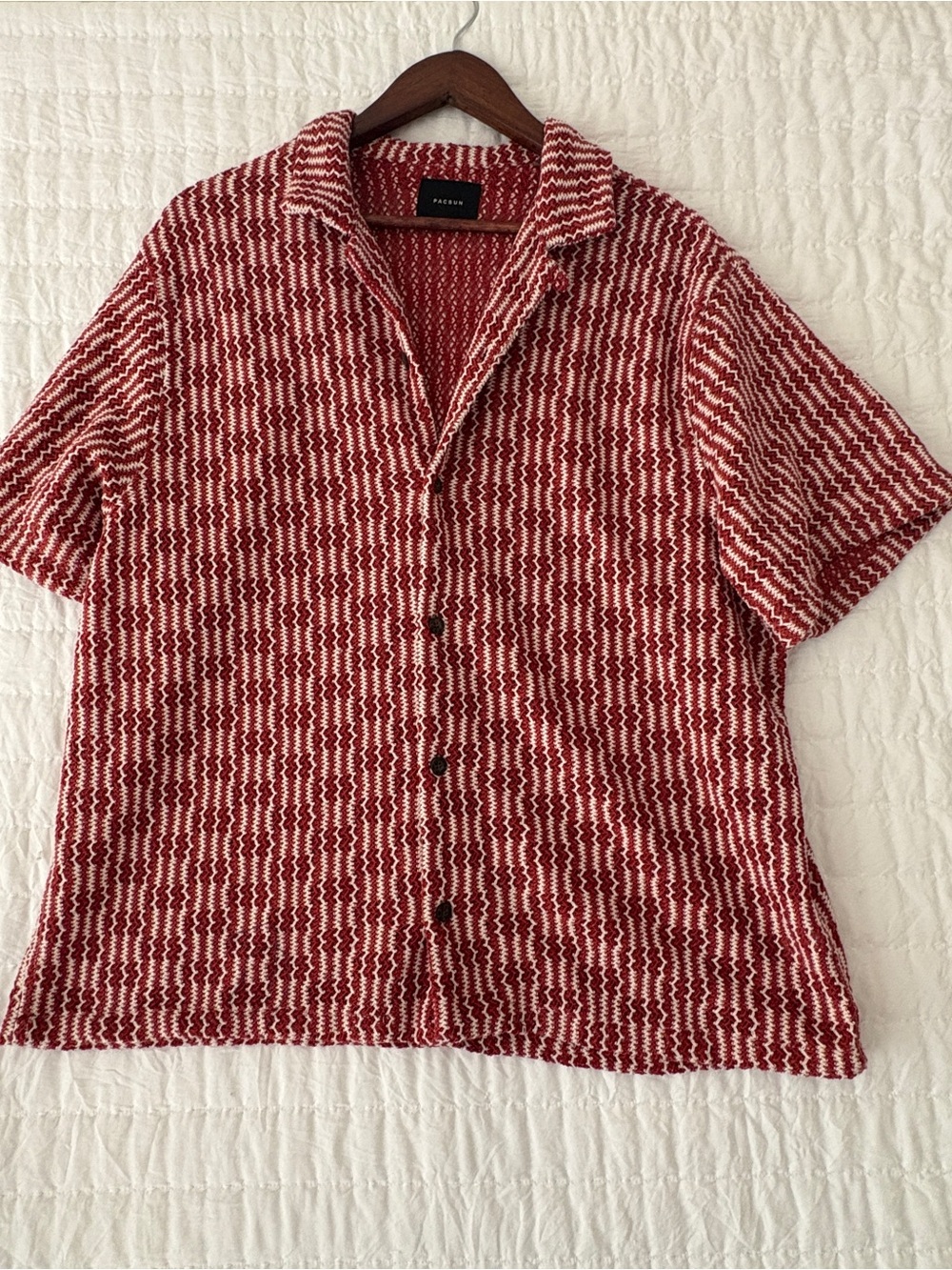 PacSun Red and White Short Sleeve Textured Knit Button-Up Shirt